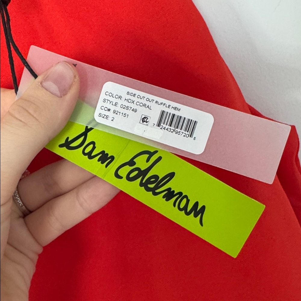 Sam Edelman NWT Side Cut Out Asymmetrical Hem Ruffle Dress, Red Coral - Size 2 - Picture 5 of 10